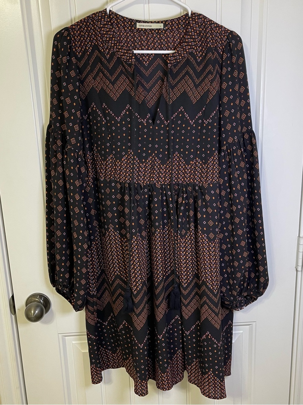 Catch Stitch Large Boho Black Brown Long-Sleeve Geometric Print Peasant Dress